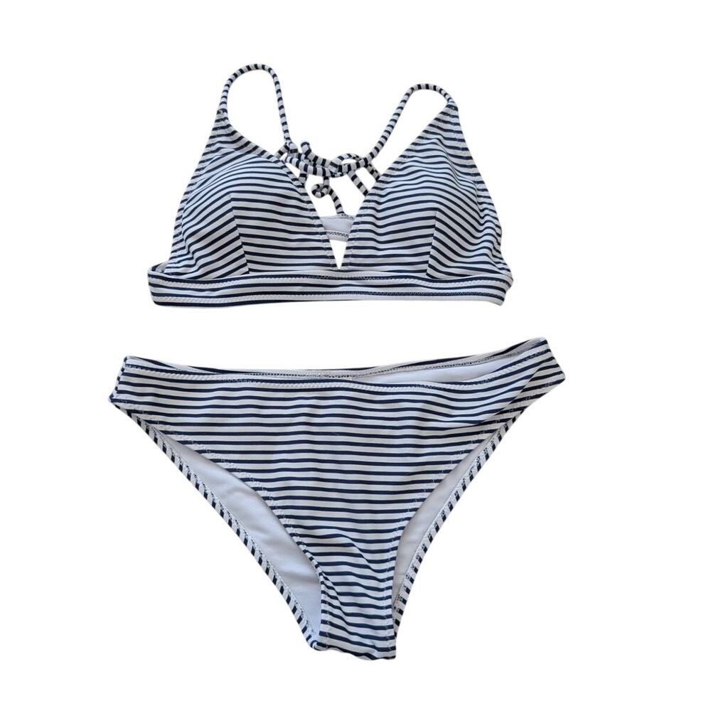 Cupshe Small Bikini Swimsuit Set Navy Blue White Stripe Strappy Full Coverage